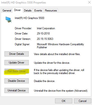 Roll back driver to fix Hardware settings have changed