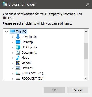 temporary internet files location has changed windows 10