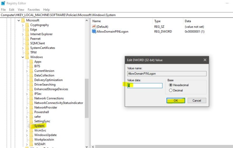 Windows Hello PIN Using Registry Editor