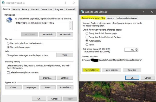 Move Folder Internet files Location
