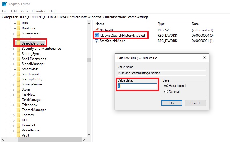 using Registry editor IsDeviceSearchHistoryEnabled