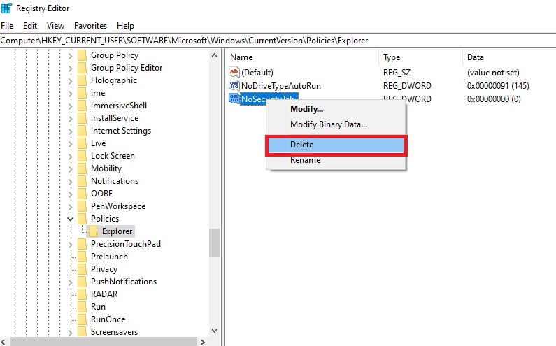 hkey_current_user software microsoft windows currentversion policies explorer missing