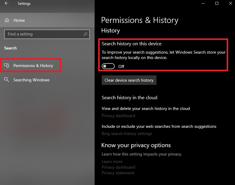 Disable Windows Search History using windows settings