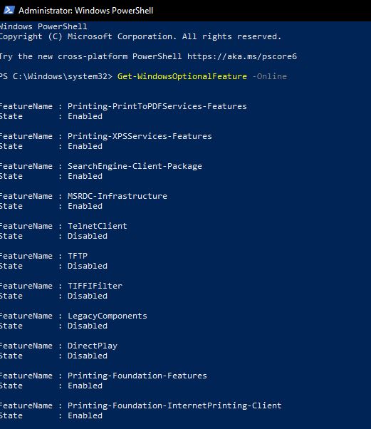 list all feature using powershell