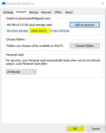 Unlink OneDrive-OneDrive Sign-in error 0x8004de69