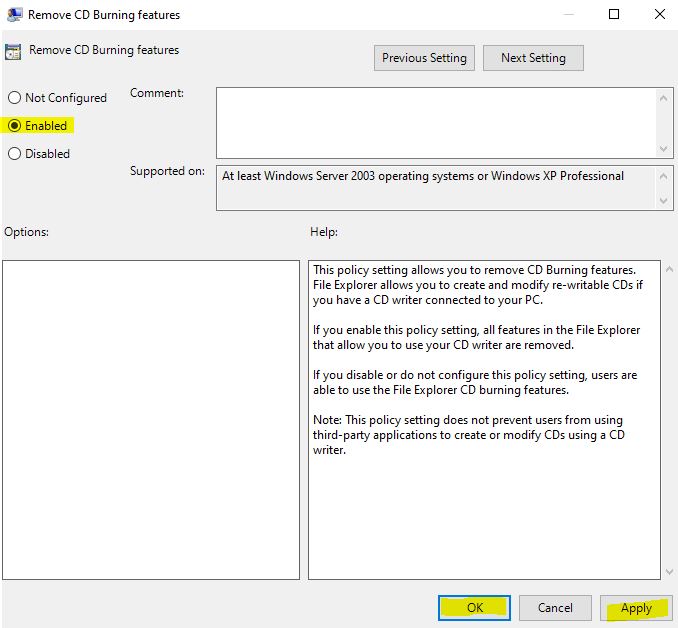 Disable CD/DVD Burning using Group Policy