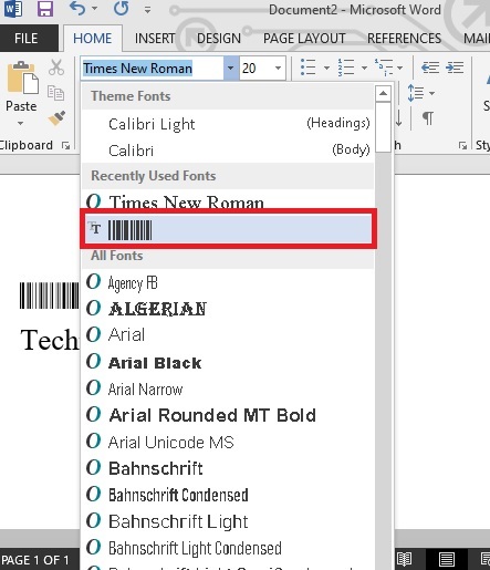 Add Barcode Font in Microsoft Word, choose fonts in word