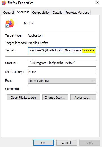 modify the Properties Launch Firefox in Private mode