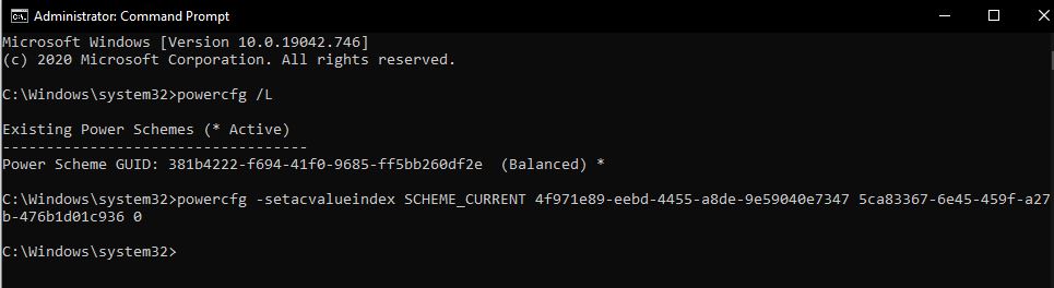 execute the command to change Lid option using Powercfg