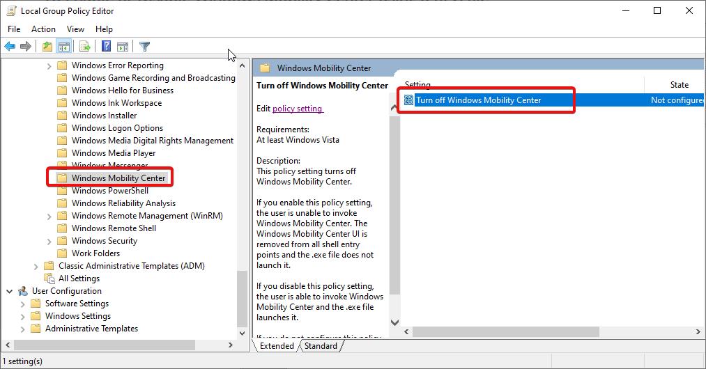 Turn off Windows Mobility Center Policy