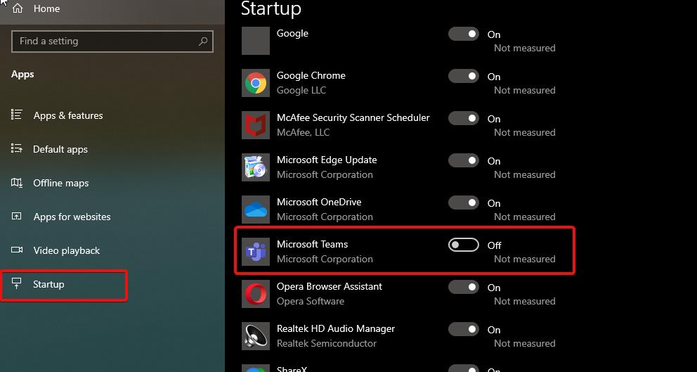 Stop Microsoft Teams from starting automatically using windows settings