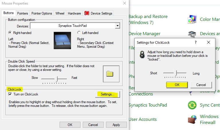 Change Mouse Click Lock time using control panel settings