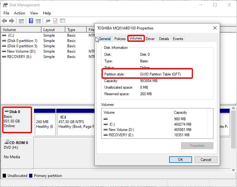check Check Disk Partition Style using Disk Management
