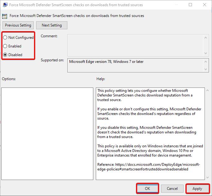 Disable Microsoft Defender SmartScreen using gpedit