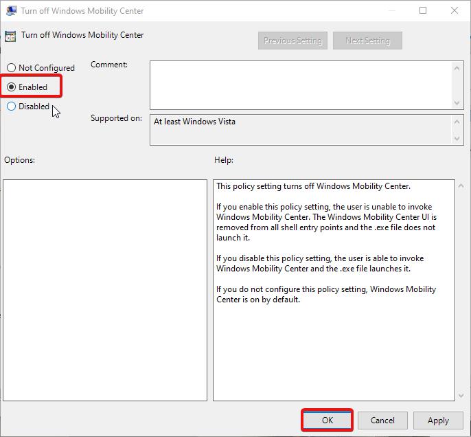 Enable Windows Mobility Center using gpedit