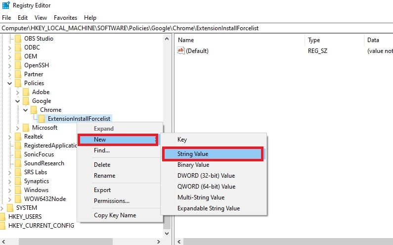 Prevent Users from Installing Extensions using regedit create new string value