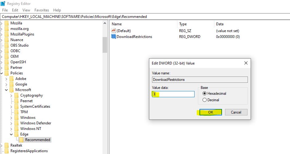 Block all Downloads in Microsoft Edge using Registry Editor