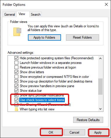 Enable Check Boxes using folder options