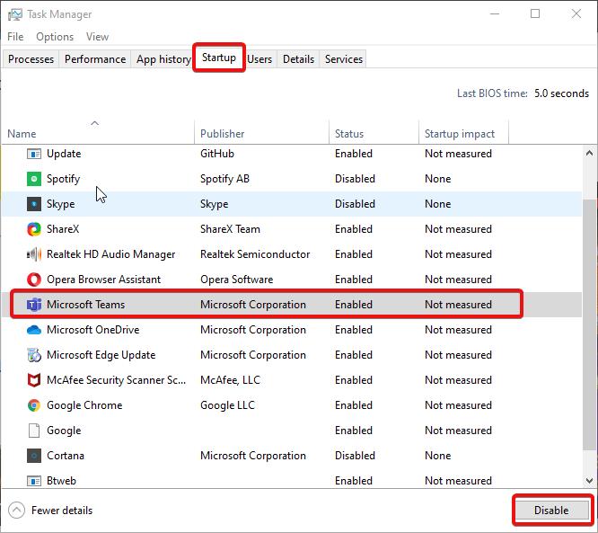 Stop Microsoft Teams from starting automatically using Task Manager
