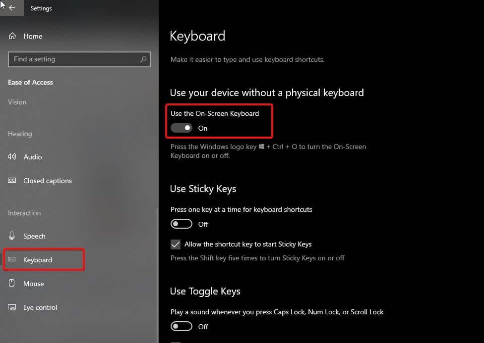 Enable/Disable On-Screen Keyboard using settings