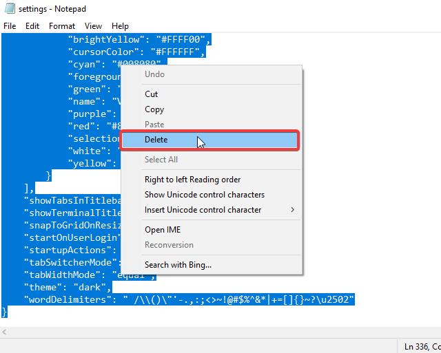 Reset Windows Terminal to Default Settings using JSON file