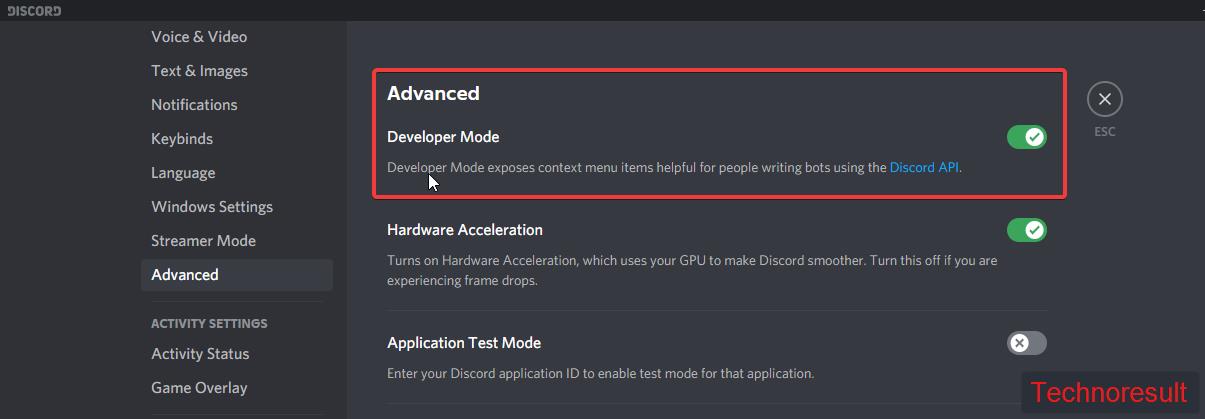 Enable Developer Mode in Discord computer or web app