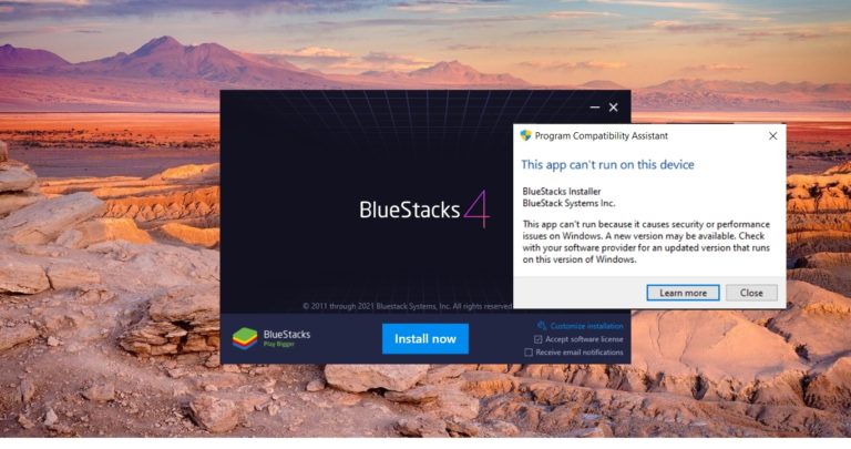 cant download bluestacks emulator windows 10