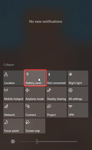 Turn on or Off Battery Saver using Action Center