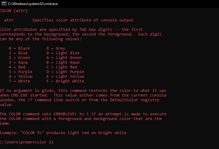Background and Font color in Cmd using cmd line