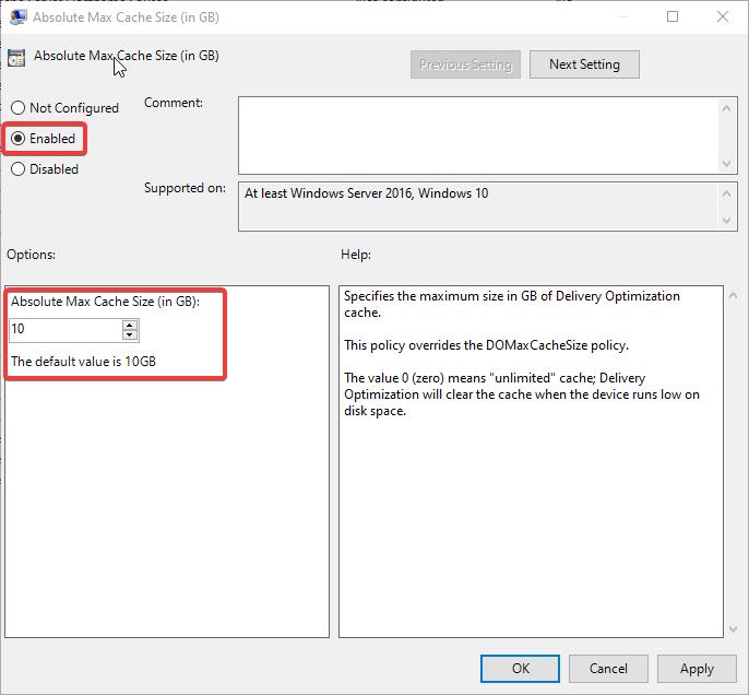 Enable the policy and change Delivery Optimization Cache Size
