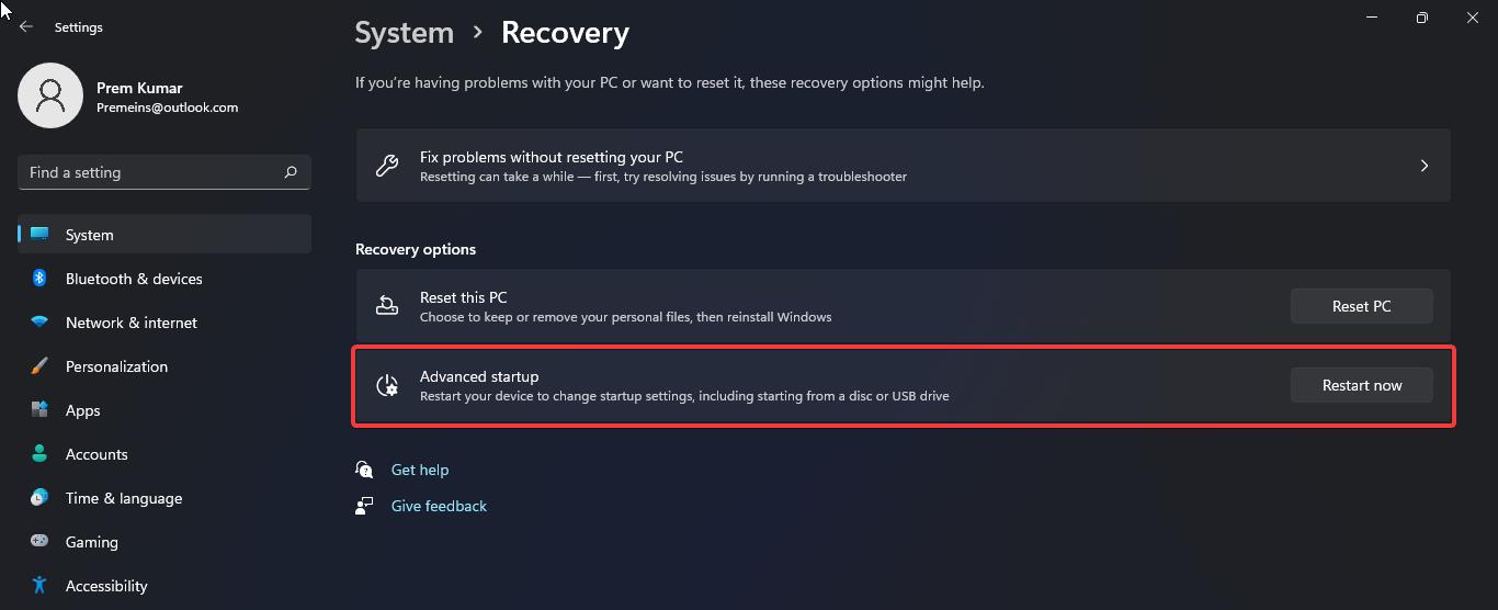Windows 11 advanced Recovery options