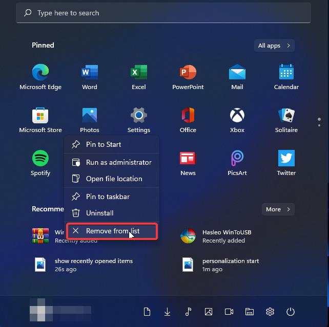 Remove Recent Files from Start Menu