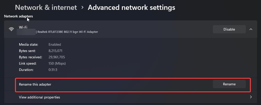 Rename Wi-Fi Network adapter advanced network settings