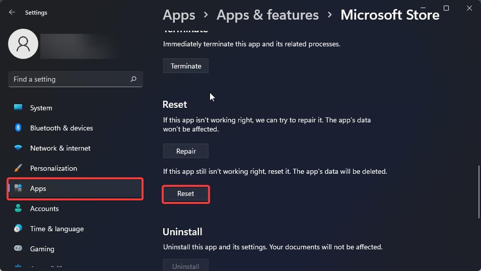 Reset the app, Microsoft Store Error Code 0x80131500