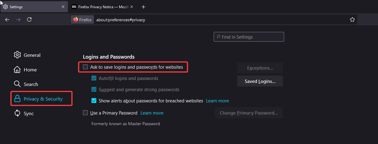 Disable Built-In Password Manager in firefox
