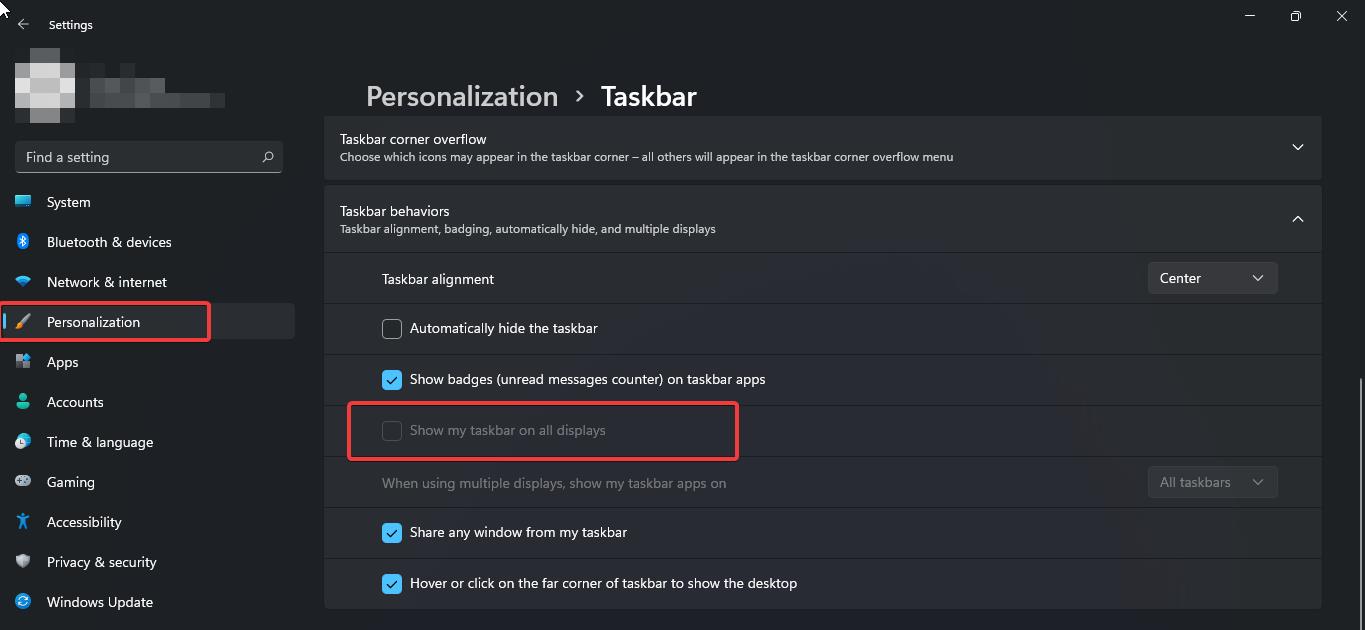 Display Taskbar on Multiple Monitors using windows settings