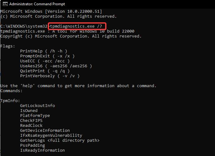 Enable TPM Diagnostics Tool help command.