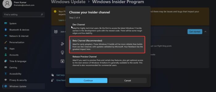 Beta Channel Not available in Windows Insider Program