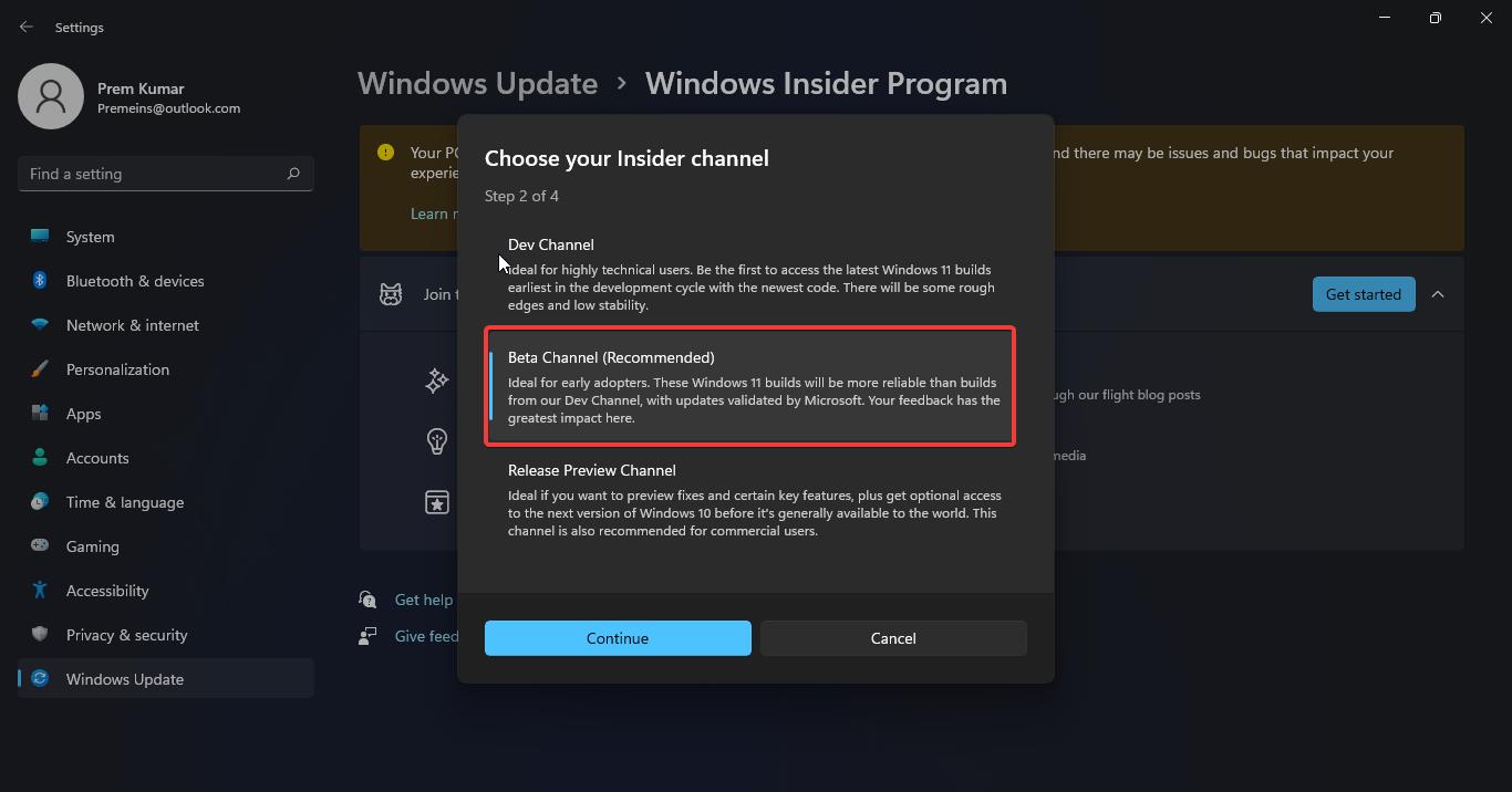 Beta Channel Not available in Windows Insider Program