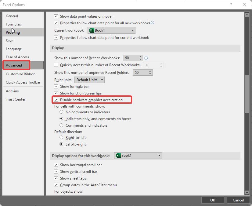 Disable hardware acceleration-Excel Grey Screen Inactive