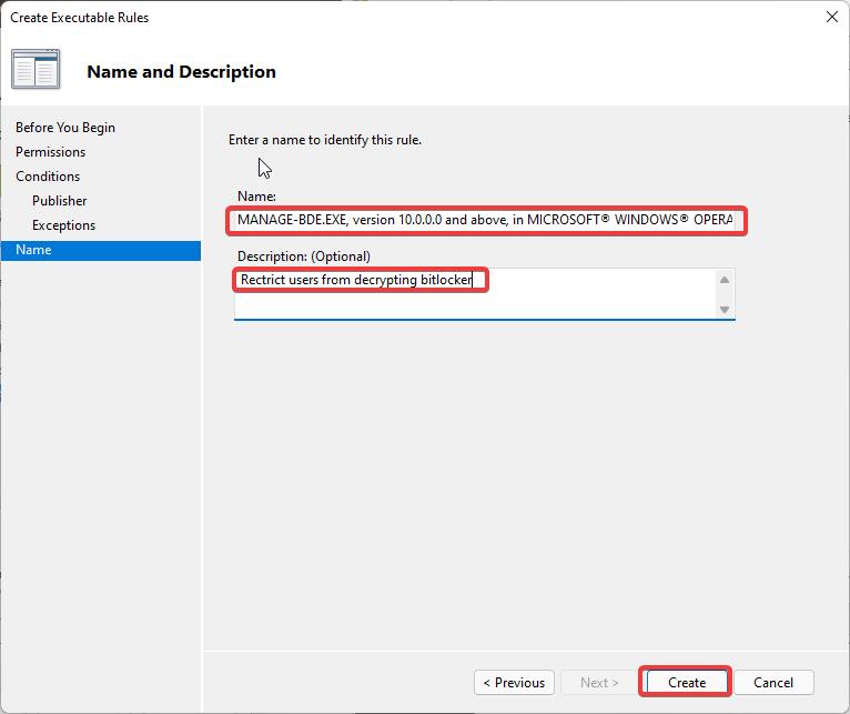 create the rule, Prevent Users from Decrypting BitLocker