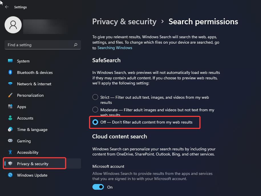 Turn on or Off SafeSearch Filter using settings