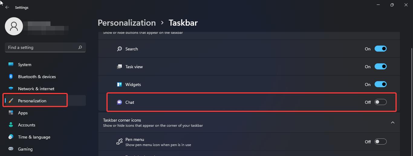 hide Teams Chat icon on taskbar using personalization settings