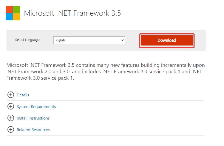 Download and Install .NET Framework 3.5