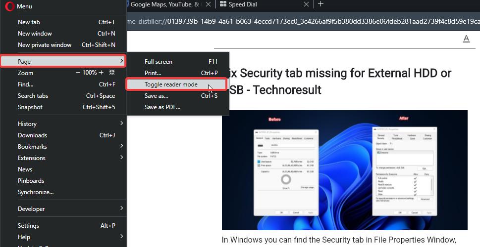 Enable Reader Mode in Opera