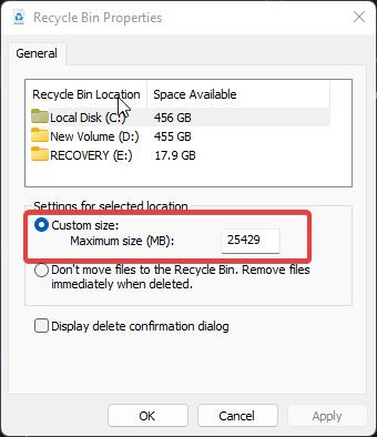 Increase the recycle bin size- File is too Big to Recycle