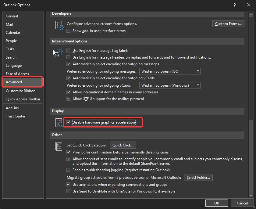 Disable hardware graphics acceleration- fix outlook closing automatically