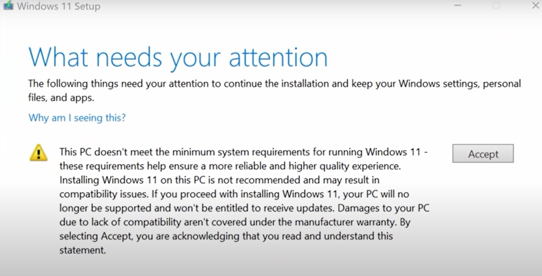 Install Windows 11 on Unsupported-Warning