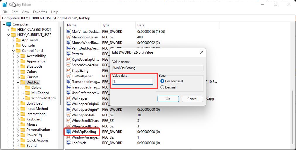 Modify the DPI Scaling using registry editor