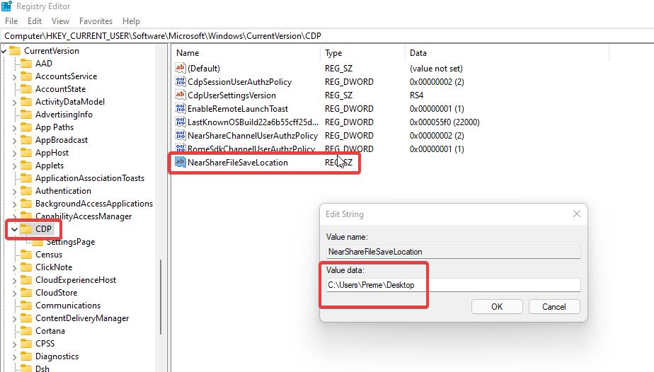 change Nearby Sharing Default Save Location using registry editor